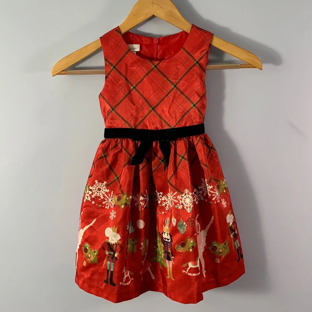 Bonnie Jean size 3t red sleeveless nutcracker dress taffeta black velvet bow